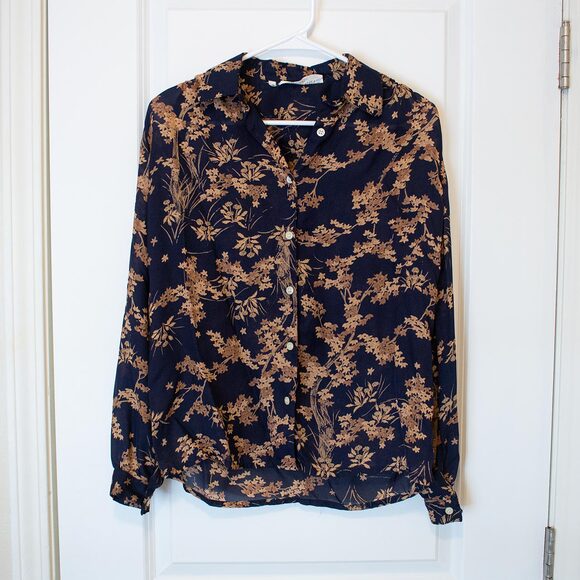 Botanical VTG 42 Daniel Duval Blouse Black Tan Floral Collar Career Soft Autumn - Picture 1 of 5